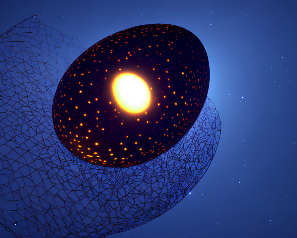 Bright star in semi-transparent wireframe ellipsoid on starry night sky.