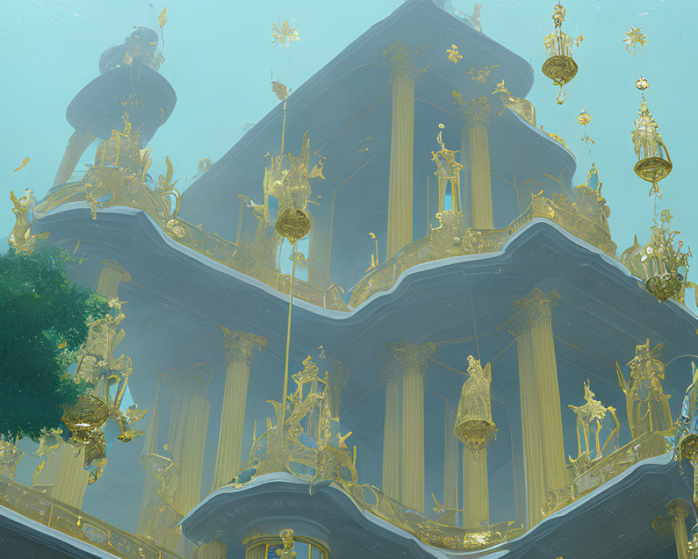 Ornate gold-accented underwater fantasy palace with bioluminescent sea creatures