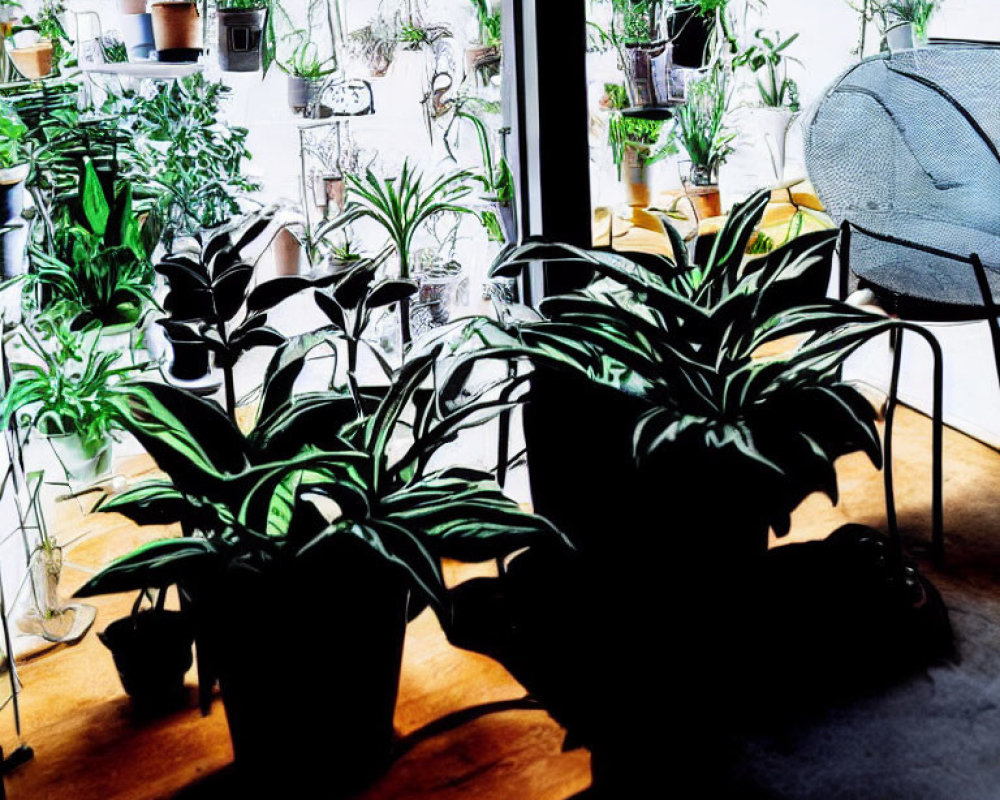 Tranquil indoor space with lush houseplants by sunny window