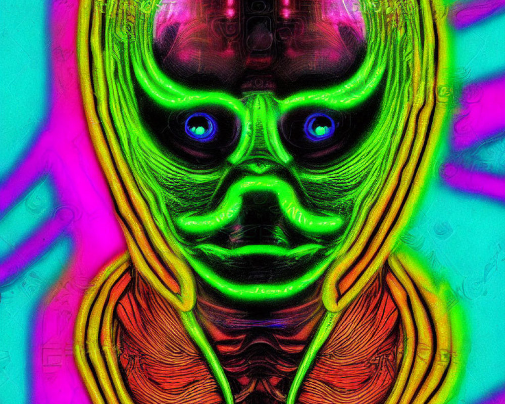 Colorful Digital Art: Neon Alien Figure on Psychedelic Background