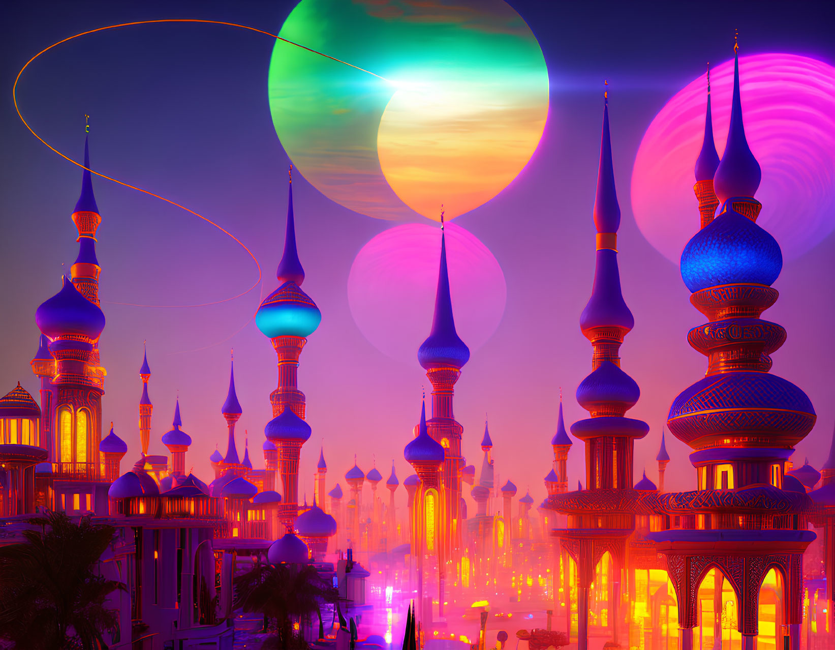 Vibrant, colorful cityscape under alien sky with multiple moons and celestial objects