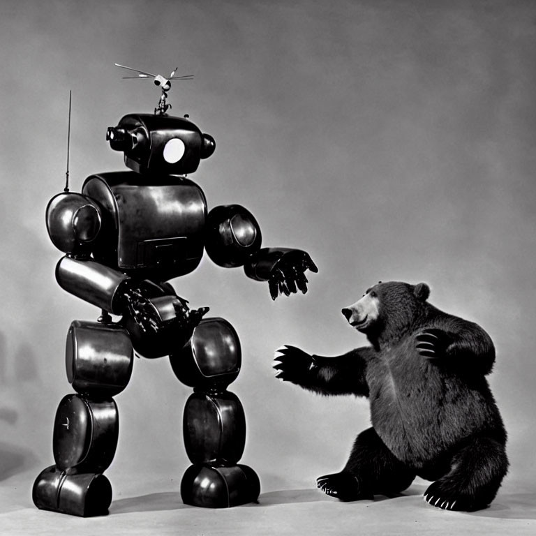 Monochrome image of robot with helicopter on head facing bear on hind legs