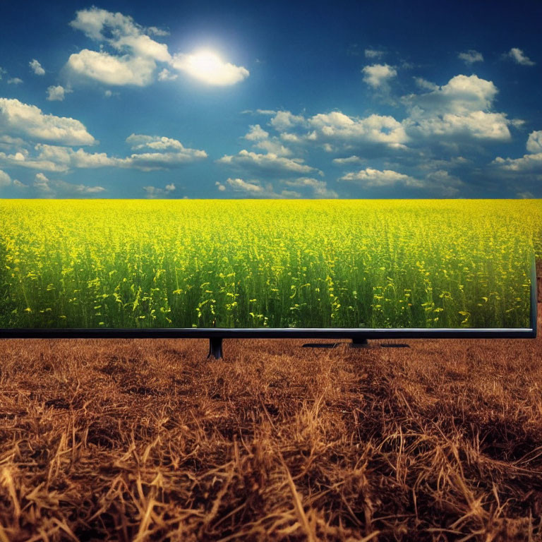 Vivid image of bright yellow canola field on modern TV