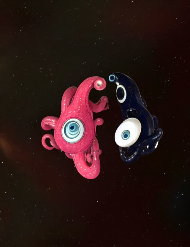 Stylized cartoonish squids in pink and dark blue on starry space background