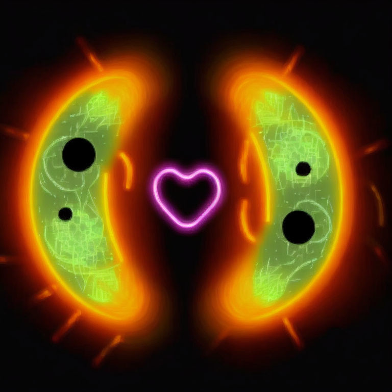 Abstract neon heart eyes on dark background