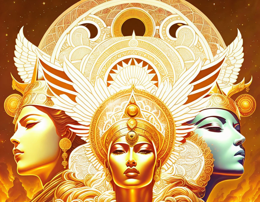 Colorful artistic depiction of three faces with golden headpieces on fiery backdrop