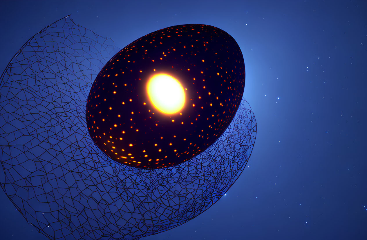 Bright star in semi-transparent wireframe ellipsoid on starry night sky.