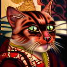 Stylized cat illustration in traditional Asian attire with green eyes