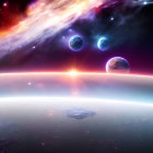 Vibrant cosmic scene with giant planet, three blue planets, and brilliant sunrise