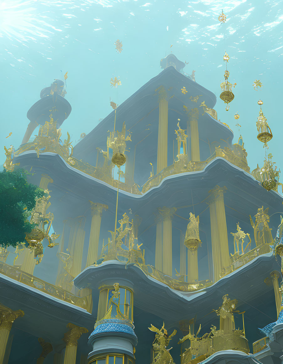 Ornate gold-accented underwater fantasy palace with bioluminescent sea creatures