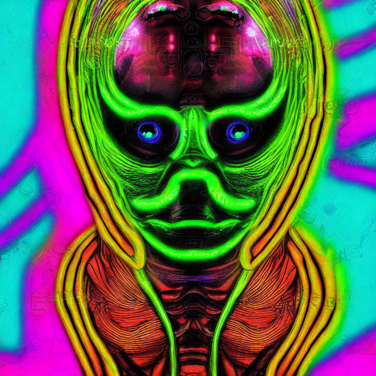 Colorful Digital Art: Neon Alien Figure on Psychedelic Background