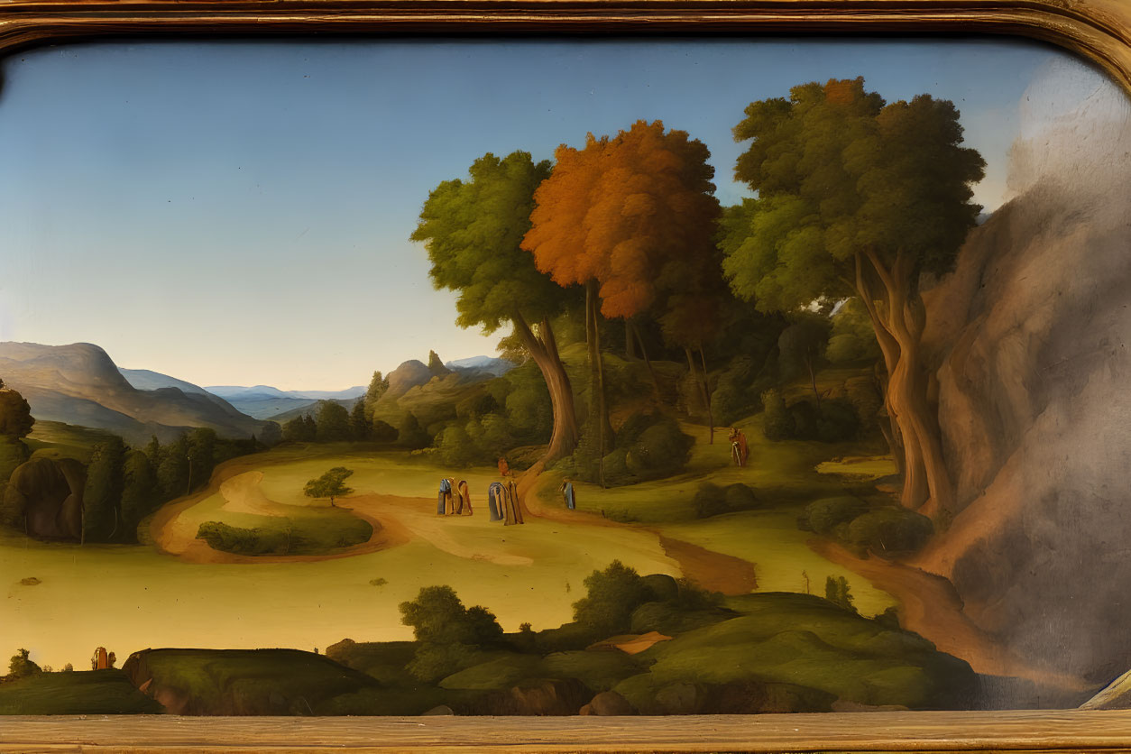 Tranquil landscape painting of a vast valley with people, autumn trees, hills, mountains, and