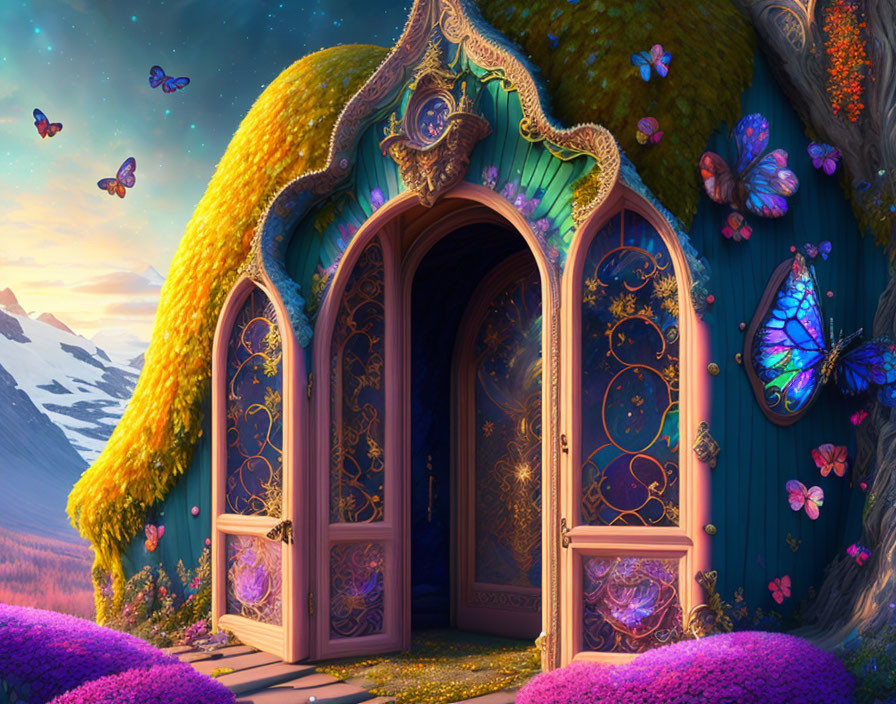 Fantasy landscape with ornate door, glowing patterns, giant butterflies, and twilight mountains