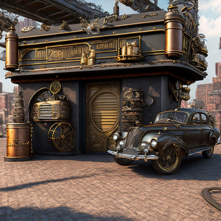 Vintage car parked by steampunk building in urban setting