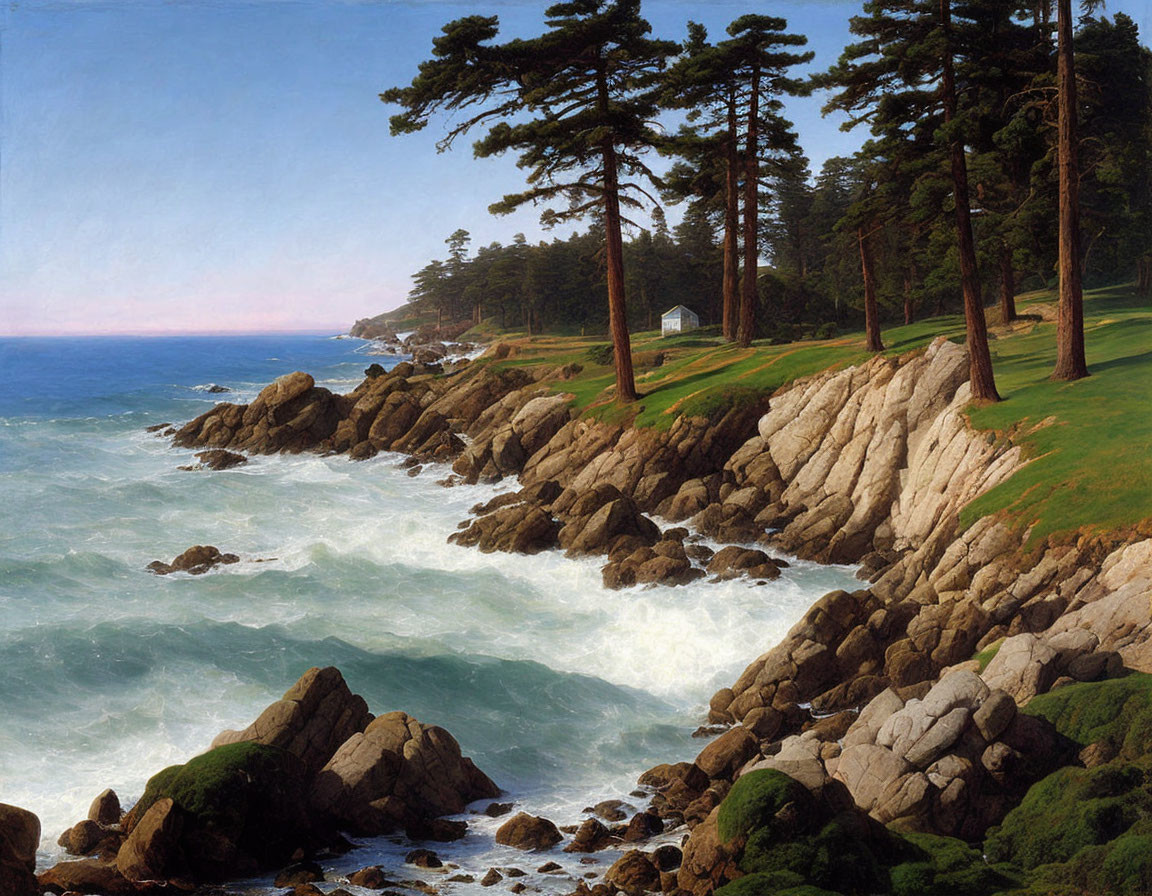 Rocky shoreline with tall pine trees, crashing waves, clear sky, and distant white building.