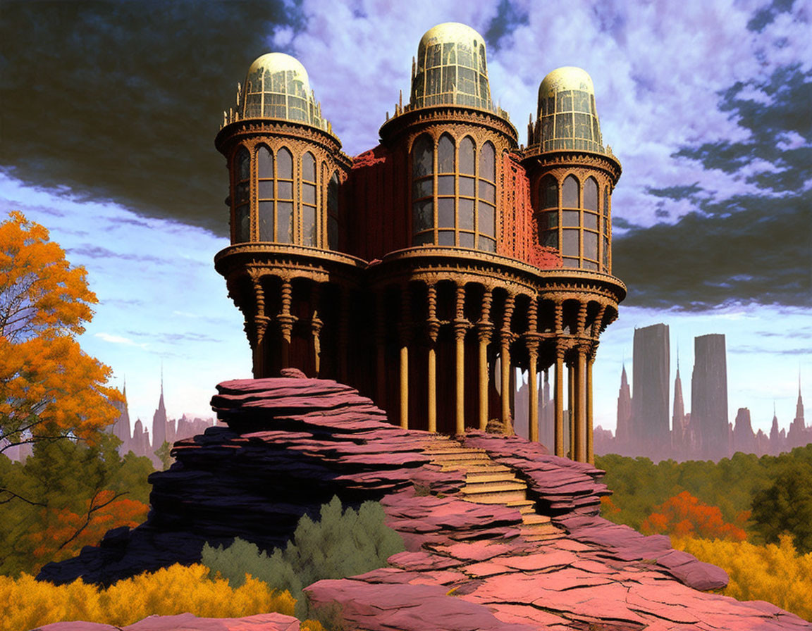 Fantasy observatory on red rocky outcrop with autumnal trees and futuristic cityscape.