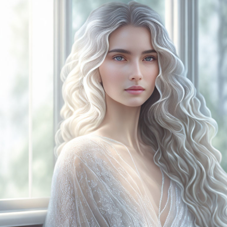 Silver-haired woman in sheer garment, gazing under soft window light