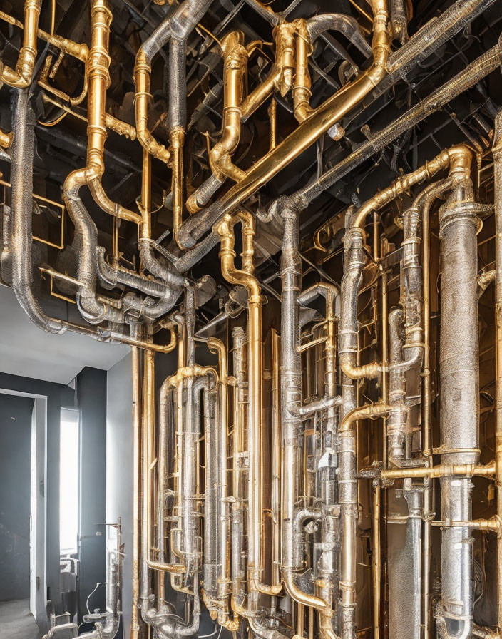 Ceiling features intricate golden pipes and ventilation ducts against gray wall.