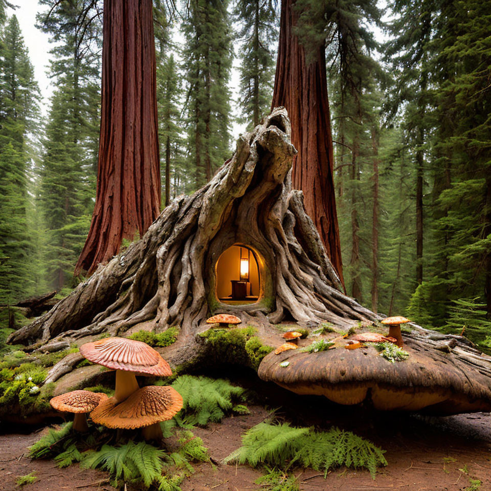 Enchanting tree stump house with lit entrance in misty redwood forest