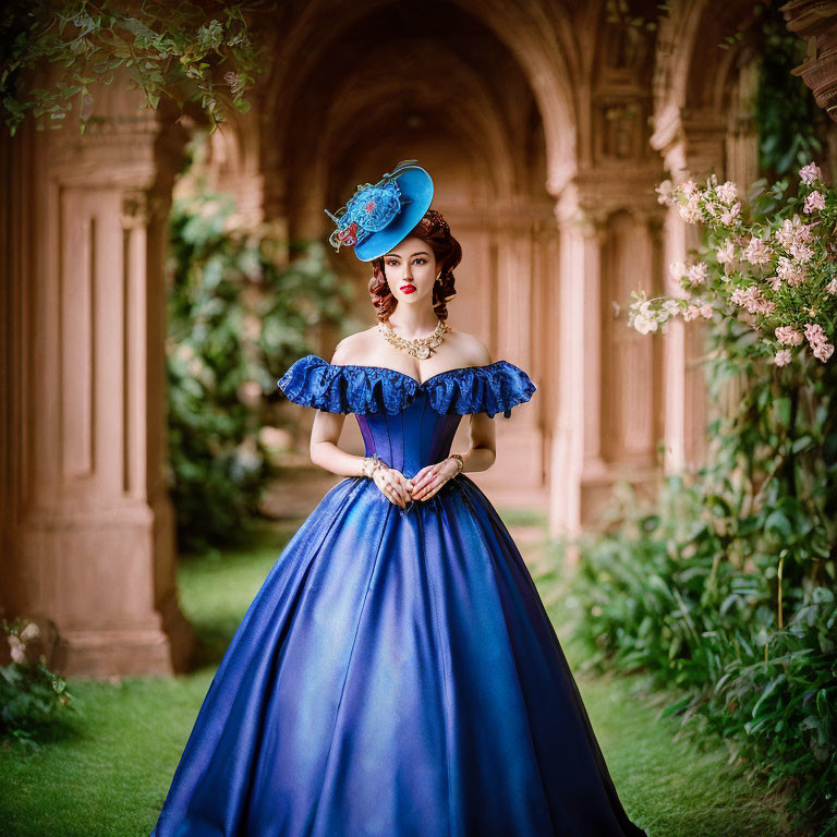 Victorian-style woman in blue dress and hat in ornate stone arch corridor