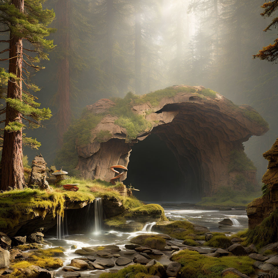 Enchanting forest landscape with mist, sunbeams, waterfall, and stream