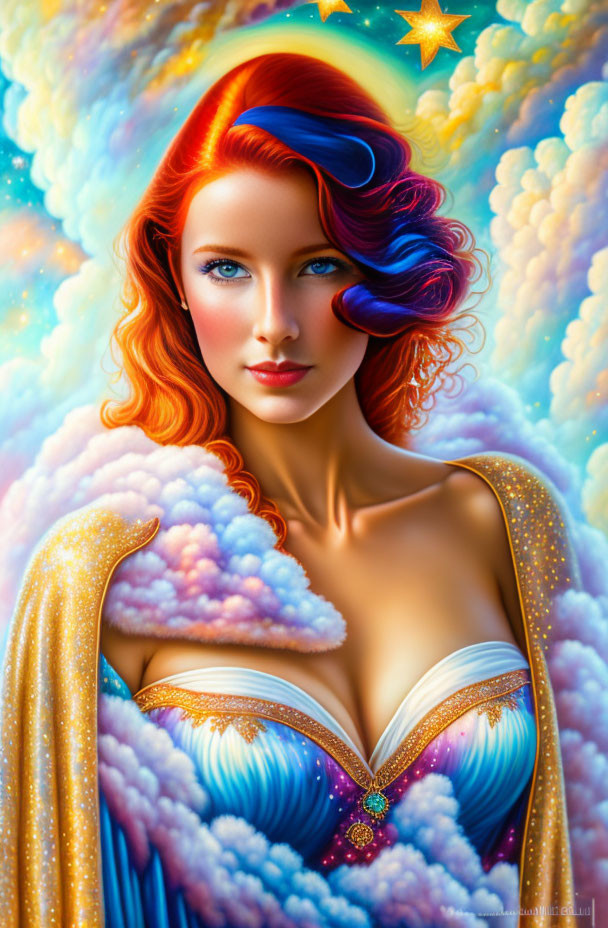 Vibrant red-haired woman in starry cosmic cloak