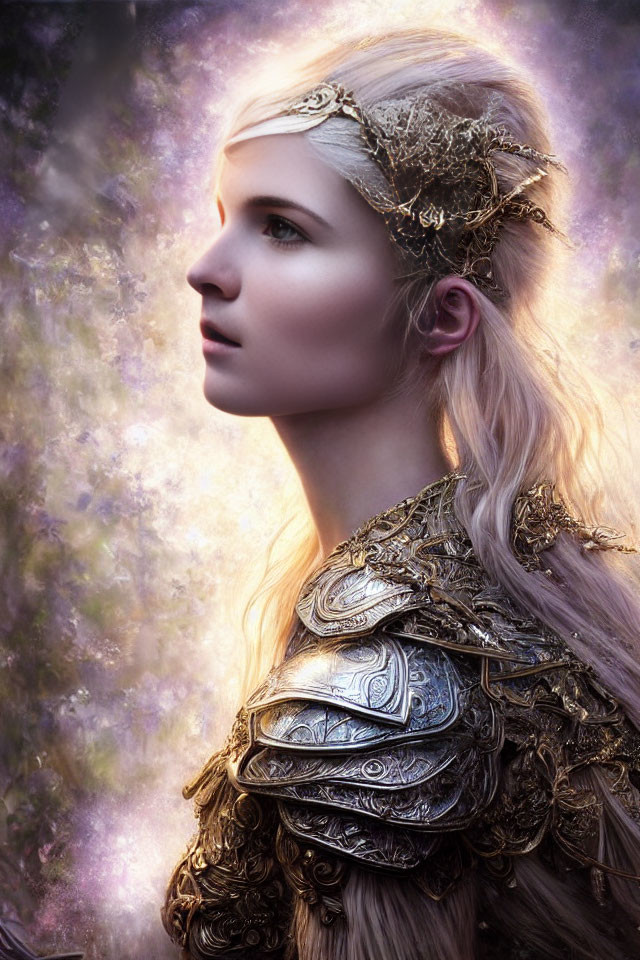 Blonde woman in golden armor and crown on purple background