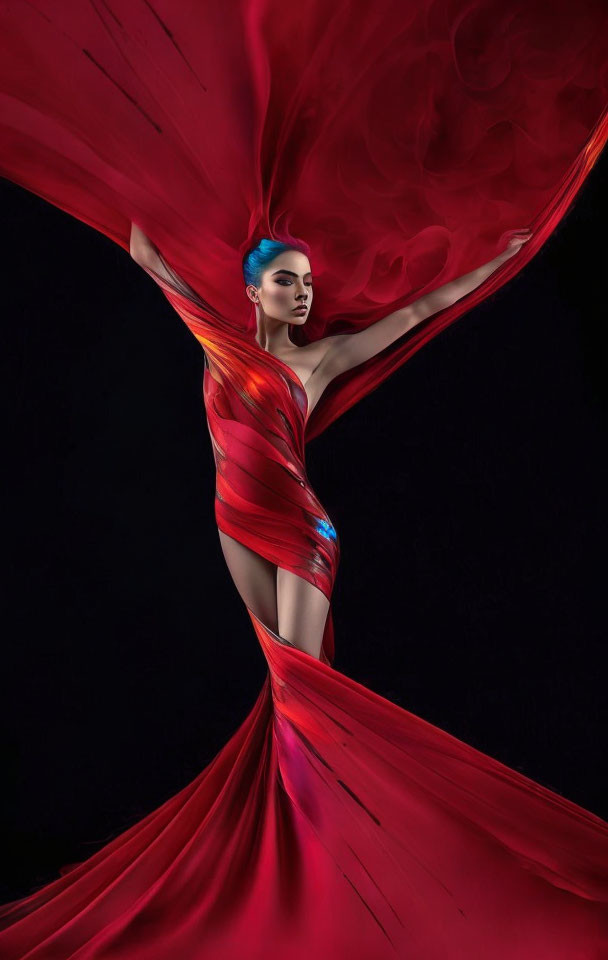 Blue-haired woman in red dress with wing-like fabric on black background