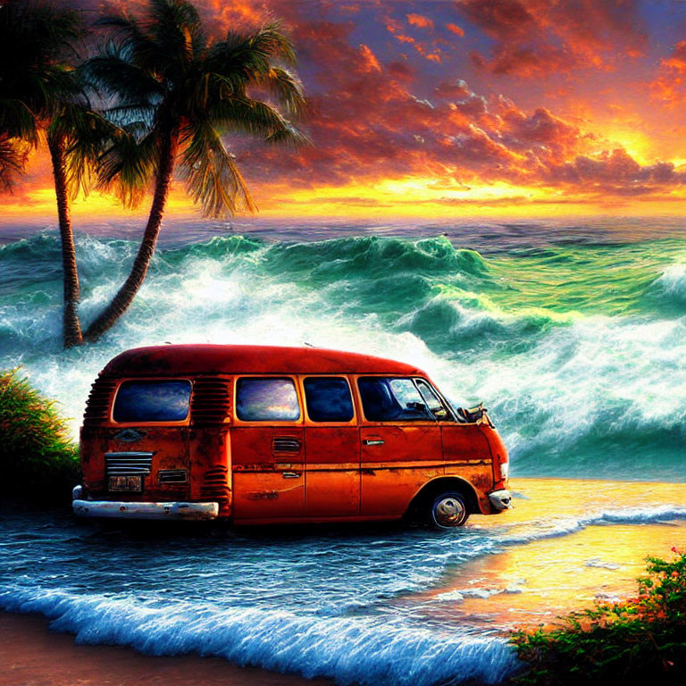 Vintage Van Parked on Beach at Sunset with Palm Trees