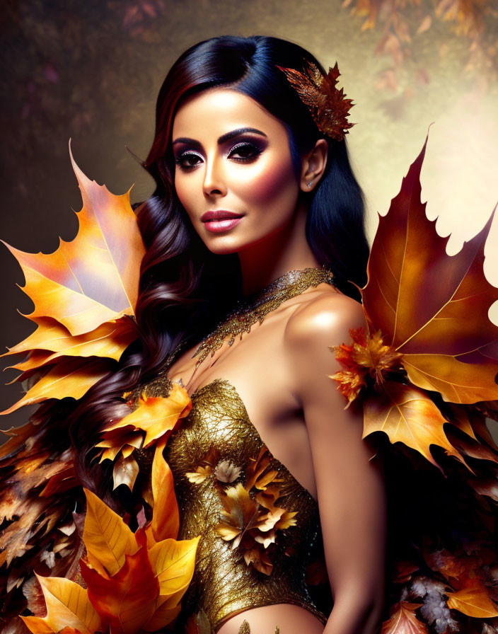 Woman in autumn leaf-themed makeup and attire with golden and brown leaves.