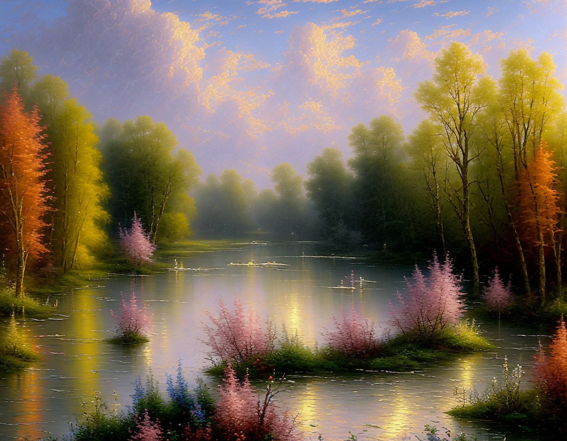 Tranquil landscape with river, flowering trees, and warm light