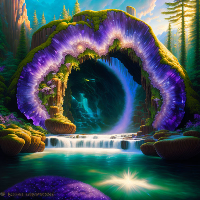 Fantasy landscape with heart-shaped purple geode portal and serene waterfall