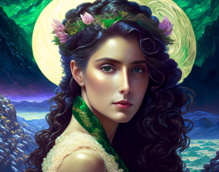 Woman with Flower Crown and Halo in Starry Night Sky and Green Landscape