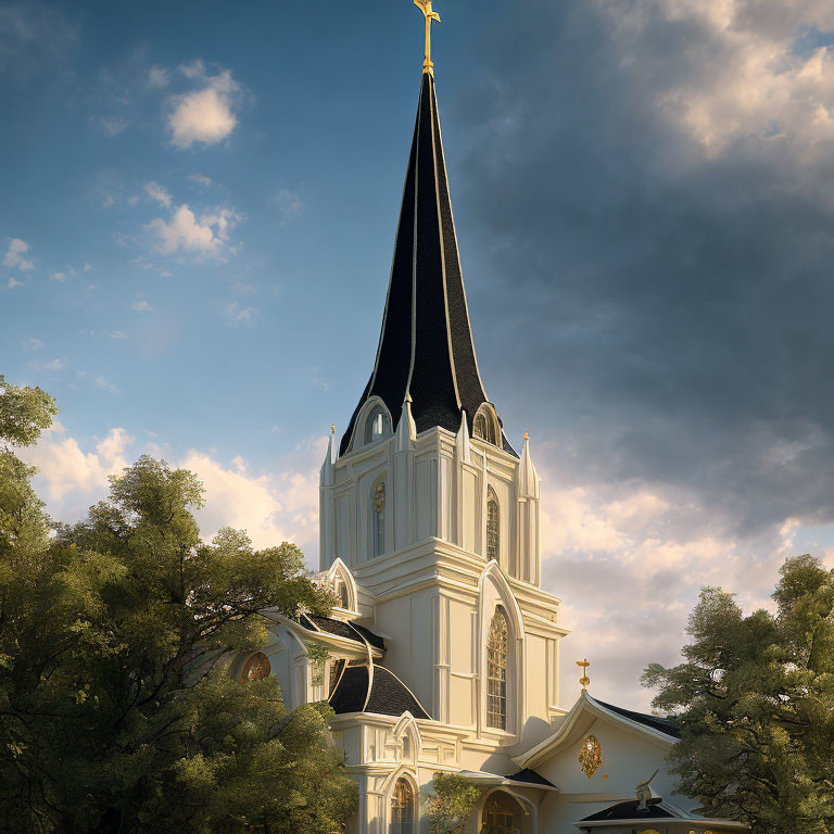 Majestic church with tall spire and cross in lush green setting