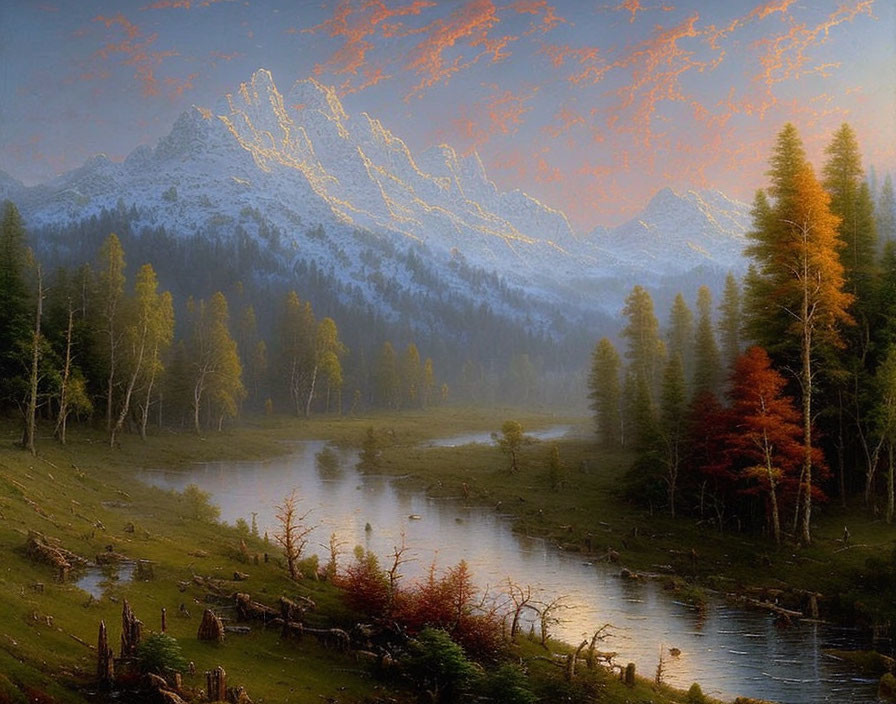 Autumn forest river landscape with snow-capped mountains