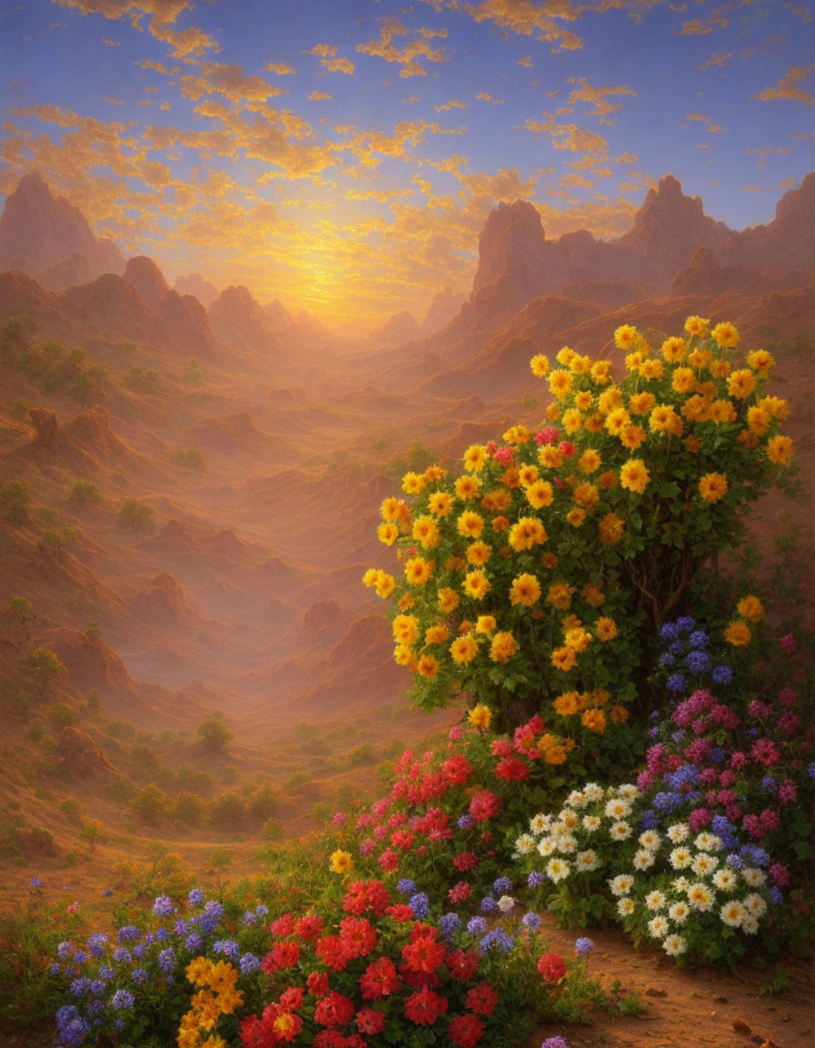 Colorful desert canyon painting at sunset with flowers and cliffs