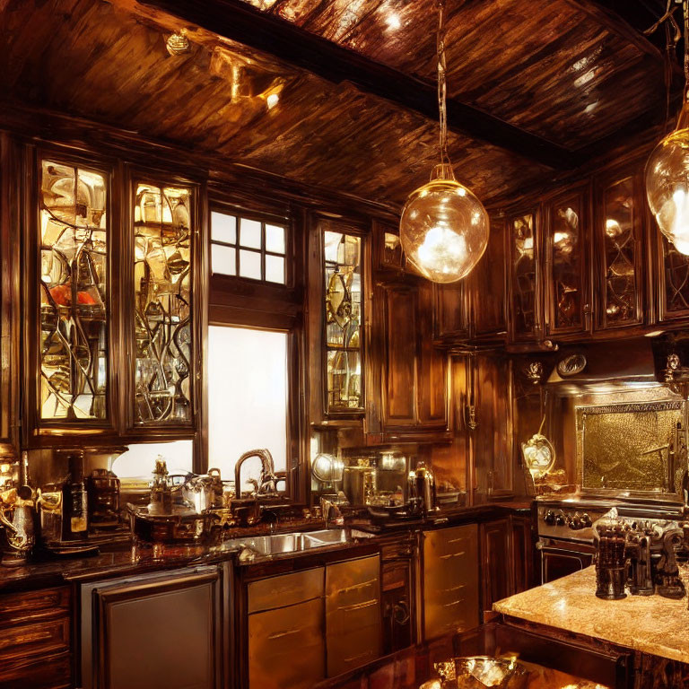 Vintage Kitchen with Wooden Cabinets, Antique Stove, Brass Fixtures, and Glass Pendant Lights