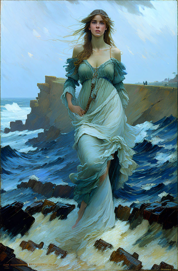 Woman in green dress on rocky shores with crashing waves, evoking serene mystery