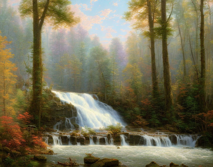 Tranquil autumn waterfall in sunlit forest