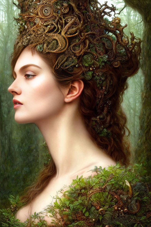 Intricate headdress resembling forest branches and leaves on a woman in misty woodland.