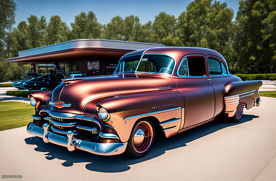 Vintage copper classic car at sunny gas station