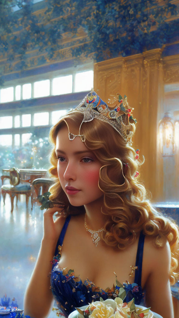 Regal woman in jeweled crown contemplates in luxurious room