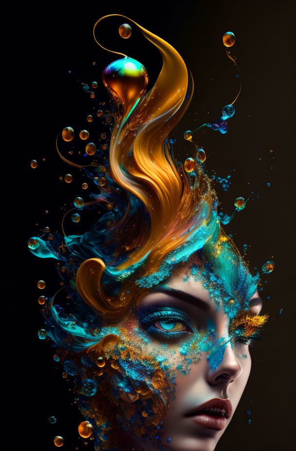 Vibrant gold and blue makeup on woman's face with dynamic splashes and bubbles on dark background