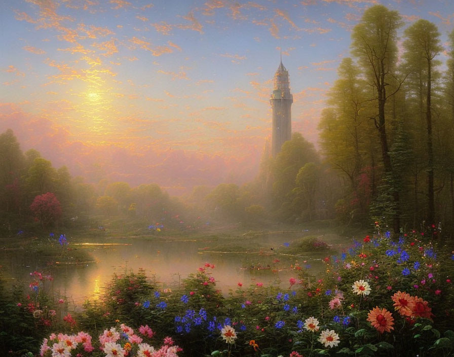 Mystical landscape with towering spire, blooming flowers, tranquil pond, and warm sunset