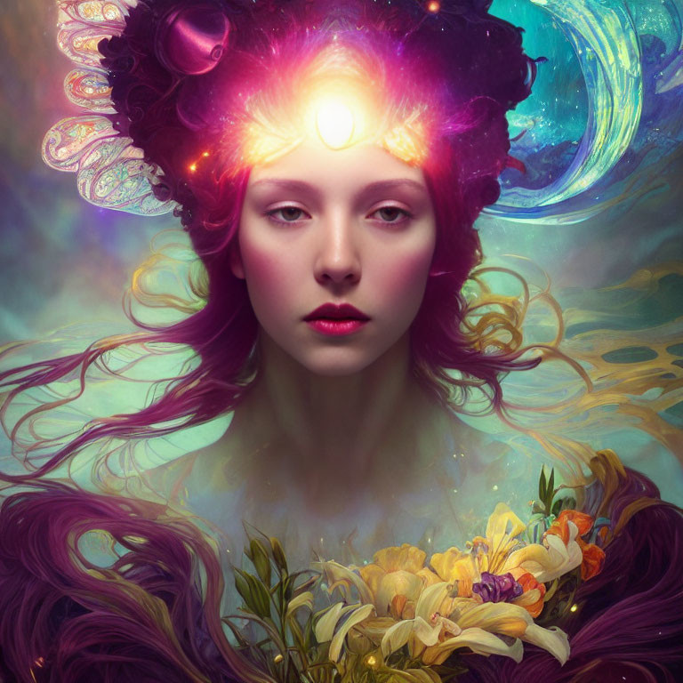 Vibrant surreal portrait of woman with purple hair and glowing forehead