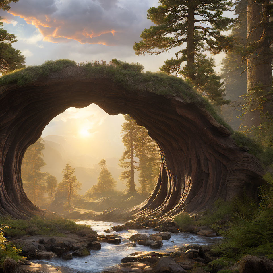 Scenic forest sunset with natural tree arch and rocky stream