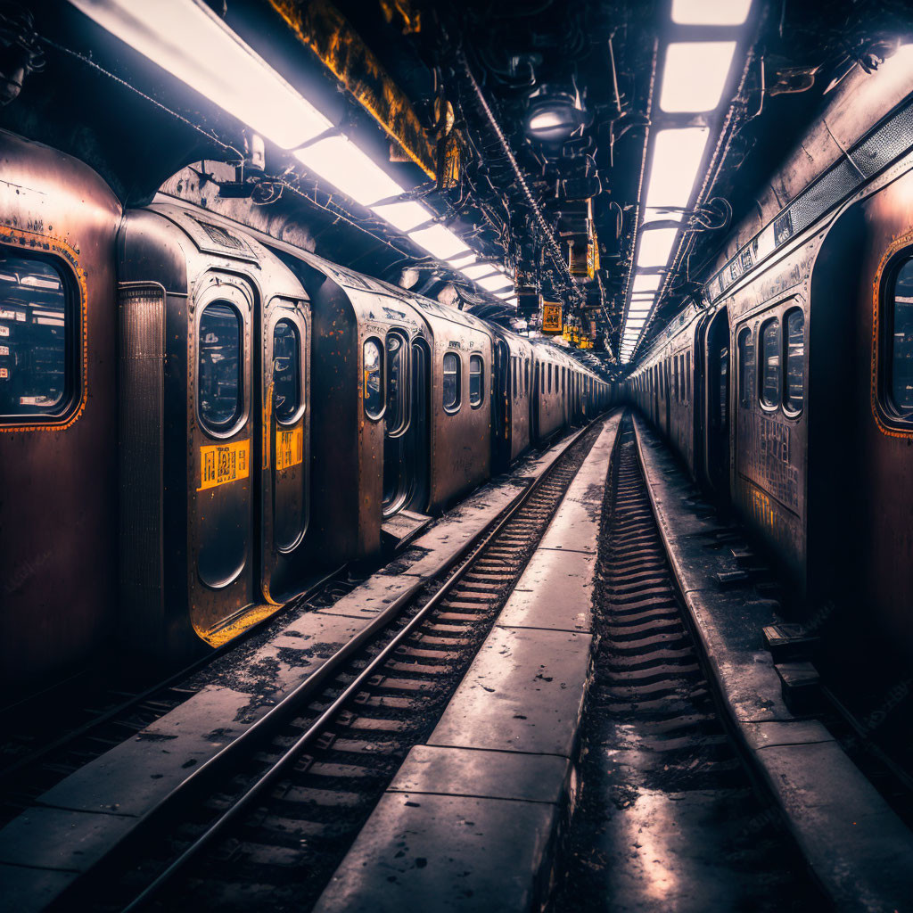 Parallel Subway Trains in Dimly Lit Underground Station