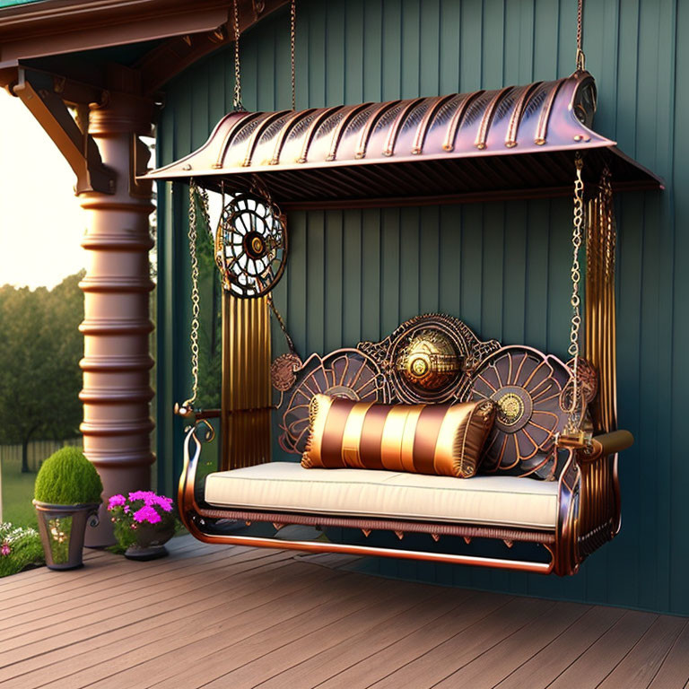 Steampunk-Inspired Porch Swing with Cog and Gear Details on Wooden Deck