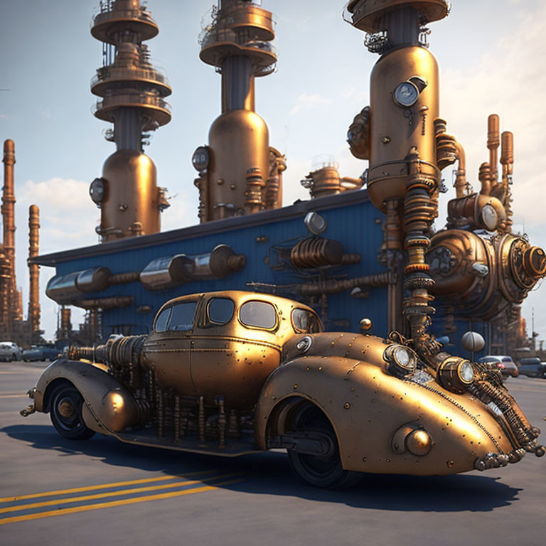 Futuristic steampunk car in front of industrial complex with cylindrical structures