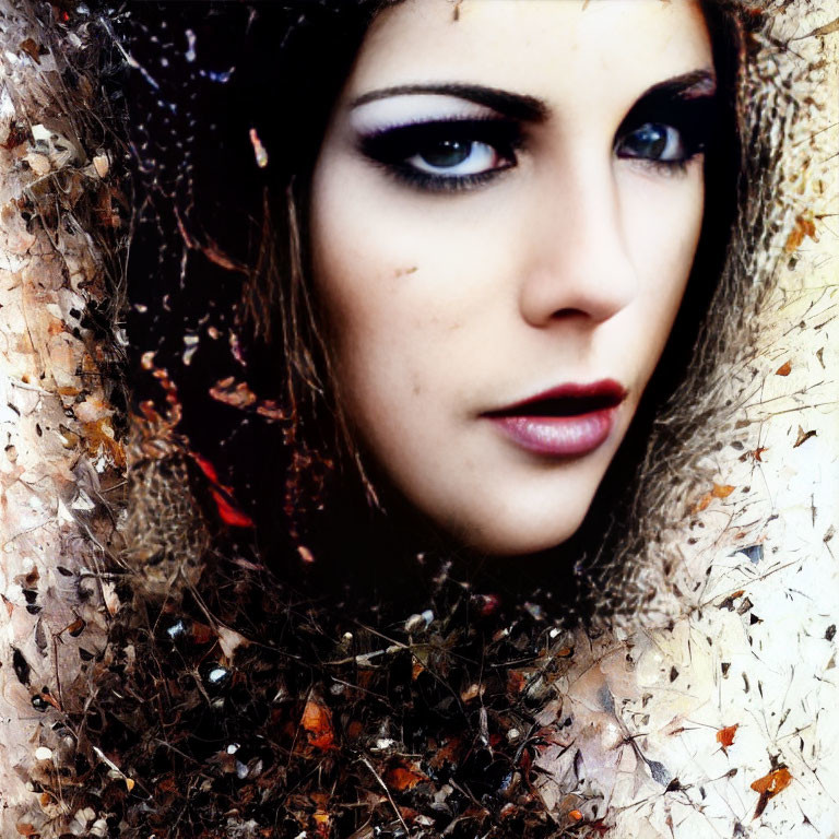 Portrait of a Woman with Striking Eyes and Autumn Leaves Overlay